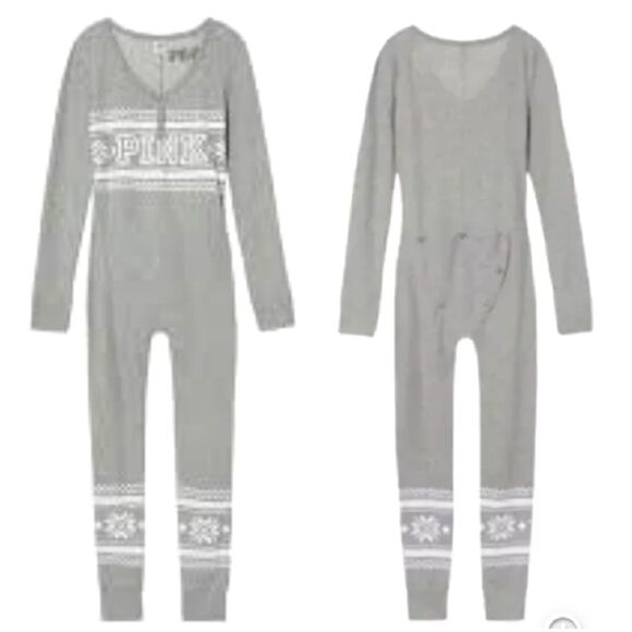 VS PINK Thermal Onesie Pajama M Grey Fair Isle Drop Seat 2016 Limited Rare - Picture 7 of 12